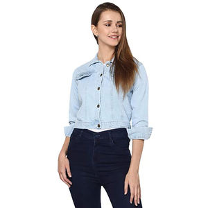 Vente chaude femmes Denim tenue décontracté veste printemps automne automne bleu clair à manches courtes coton veste bouton lavé Techniques - Product Image 1