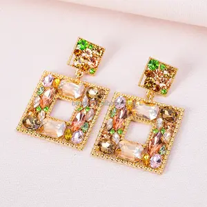 New Pink Green High-end Personalized Women's Geometric Square Rhinestone Crystal Hollow Earrings Jewelry