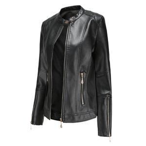 Trendy Women's Black Leather Biker Jacket Breathable Handmade Zipper Closure Slim Fit <b>Stand</b> Collar Stylish Pockets Autumn Modern - Product Image 3