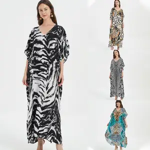 9 Multi-Dierenprint Rayon Vrije Maat Strand Kaftan Jurk Strand Cover Up