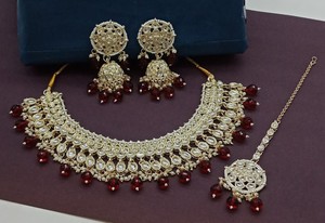 New Design Gold Plated Traditional <b>Drop</b> <b>Pearl</b> & Kundan Studded Earring Mangtika Choker <b>Necklace</b> Set & Jewellery Set for Woman - Product Image 4
