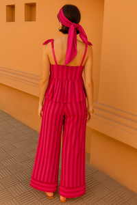 Conjunto de lino a rayas de color rosa sólido con estilo peplum con correas de amarre en los hombros sin mangas cintura natural con 2 bolsillos - Product Image 3