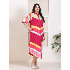 Deebaco Women's Plus <b>Size</b> Magenta Striped <b>Shirt</b> <b>Dress</b> Three Quarter Sleeve Turn Down Collar Ankle Length Casual Summer Western - Product Image 5