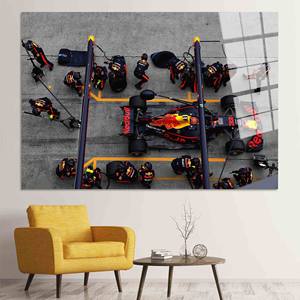 Toile de voiture de Formule 1 : Impression de pit stop pour la décoration de chambre de garçon, ART SUR VERRE TREMPÉ - Product Image 1
