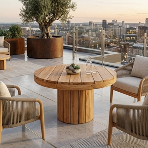Natural Teak Wood <b>Round</b> Outdoor Garden Dining <b>Table</b> Fluted Pedestal Base Wooden <b>Patio</b> <b>Table</b> Setup Decor Pure Art Design - Product Image 5