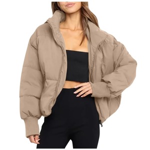 Veste ouatée pour 2024 automne hiver femmes chaud lanterne manches col montant recadrée vers le bas manteaux fermeture éclair épaissir vêtements d'extérieur - Product Image 3