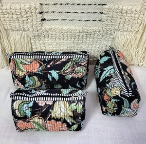 <b>Set</b> 3 Handmade Indian Cotton Quilted <b>Travel</b> Cosmetic Case Pouches Tropical Black Zipper Hand Block Print Water Resistant - Product Image 2