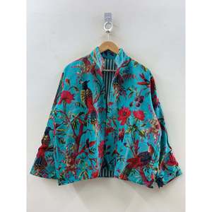 Veste en velours imprimé Turquoise Garden pour femmes, réversible, motif botanique et oiseaux, grande taille, pour la saison printanière - Product Image 2