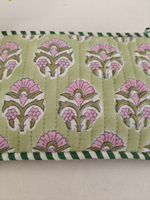 Pochette élégante en coton biologique biodégradable, motif floral rose imprimé, vert clair matelassé, fermeture éclair, accessoires pour cheveux