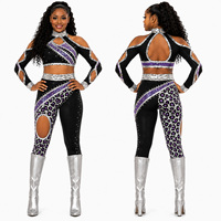Costume de majorette HBCU, tenue de danse violette à imprimé léopard avec strass et paillettes, avec cape, pour équipe de cheerleading compétitive