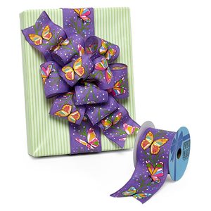 Floral Butterfly Print Wired Ribbon Roll Metallic Polyester and Satin for Wedding and Gift Wrapping - Product Image 1