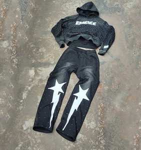 Survêtement vintage de luxe pour homme, effet vieilli, avec strass, logo personnalisé, impression sérigraphique, ensemble jogging 2 pièces unisexe - Product Image 6
