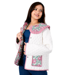 Chaqueta acolchada de algodón con estampado de bloque de mano nueva moda mujer invierno algodón estampado cremallera cierre manga larga cuello chaqueta - Product Image 2