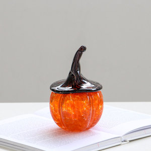 Adorno de mesa de calabaza de vidrio sódico soplado a mano Bixuan para Halloween, naranja y negro, con sombrero de bruja y lazo, para fiesta de cosecha otoñal - Product Image 2
