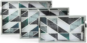 บ้าน Co. ถาดเสิร์ฟไม้สี่เหลี่ยมผืนผ้าพิมพ์ลายเรขาคณิตสีเขียวและสีขาว3-Pcs - Product Image 2