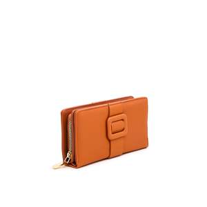 Portefeuille long en cuir vintage décontracté avec fermeture à glissière ouverte couleur moutarde décoré lettre Logo - Product Image 2