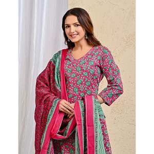 Pink Hand-Drawn Jaal Block Printed Cotton Kurta Pant Set Mulmul Dupatta Ethnic Indian Salwar Kameez for Occasions <b>Net</b> <b>Fabric</b> - Product Image 1