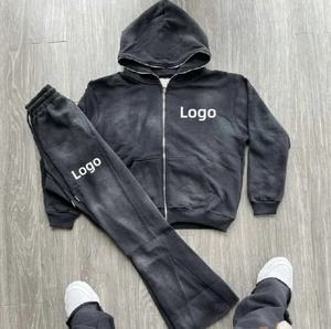 Ensemble pantalon de survêtement évasé et sweat à capuche jogging vintage avec logo personnalisé Streetwear survêtements lavés à l'acide - Product Image 1