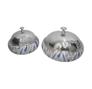 Handmade Designer Enamel Casserole with Iron Stand Shiny Polished Metal <b>Food</b> <b>Warmer</b> <b>Buffet</b> <b>Server</b> and Fancy Lid Set Pots - Product Image 1