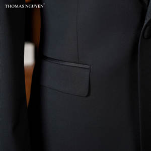 A Three-Piece Tailored <b>Men's</b> Tuxedo Suit in Midnight Star Black featuring a Jacket, Trousers, and <b>Waistcoat</b>, Made in Vietnam. - Product Image 4