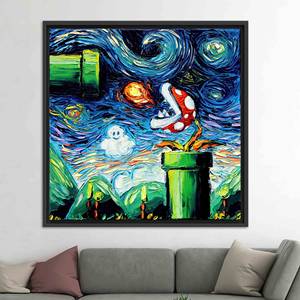 Mario World Starry Night Canvas: Van Gogh-Style Printed Wall Art,BLACK <b>FRAMED</b> CANVAS - Product Image 1