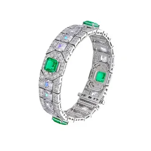 Pulsera de Plata de Ley S925 de Lujo con Corte Asscher, Esmeralda de Laboratorio, Moissanita Cuadrada, Joyería de Moda con Piedras Preciosas Auténticas - Product Image 1