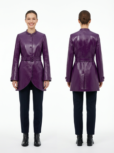 Abrigo de Cuero Genuino de Primera Calidad, Largo Medio, Color Negro, Cuello Redondo, Cierre de Botones, Abrigos de Cuero Casuales de Invierno - Product Image 5