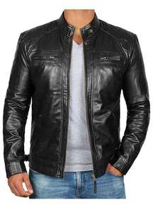 แจ็กเก็ตผู้ชายคอตั้งสำหรับฤดูหนาว, แจ็กเก็ตสีดำหนังแท้แท้พร้อมผ้าใบอบอุ่นแฟชั่นแบบเรียบสำหรับผู้ชาย DP - Product Image 4