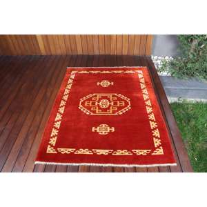 Alfombra Vintage, Alfombra Turca Decorativa de 4x5 pies, Alfombra de Lana con Diseño de Camuflaje Rojo - Product Image 1