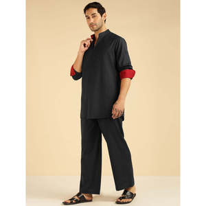 Amanush <b>Men's</b> Black Solid Cotton Co-Ord Set Red Cuff Detail Kurta With Ankle Length Pant Casual Wear Summer 2 Piece Outfit - Product Image 4