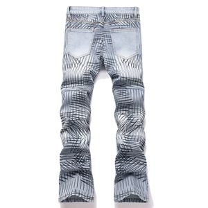 Của nam giới stonewashed denim Loe Quần với hỗn loạn in hip hop và phong cách đường phố cao thêu và đinh tán trang trí - Product Image 3
