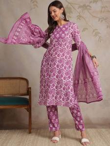 Mujeres étnicas púrpura Floral impreso puro algodón recto Kurta con pantalones y Dupatta indio pakistaní salwaar kameez traje - Product Image 2
