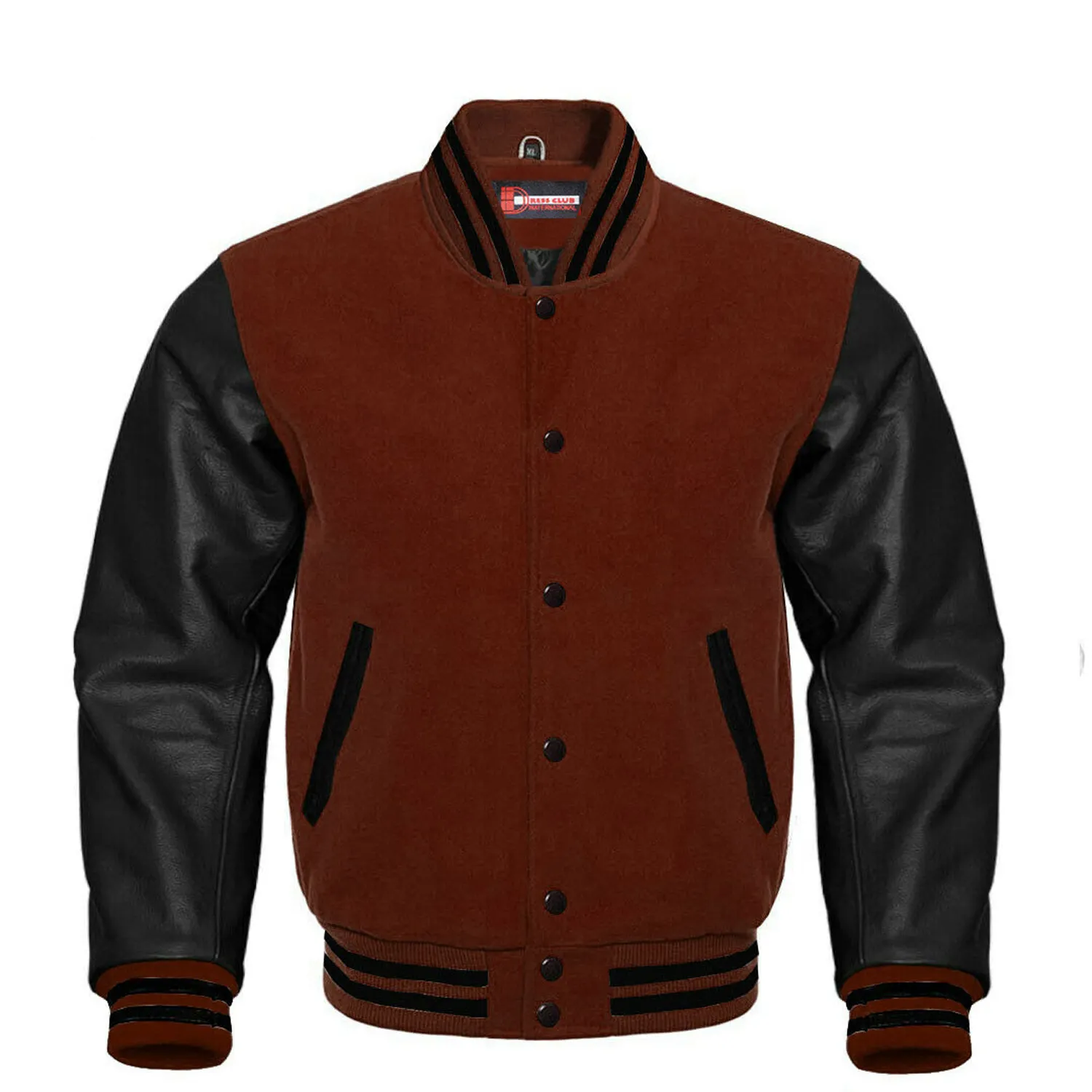 Super Design Personalizado Brown Wool & Black Real Leather Collar Varsity Jacket/Nova Chegada Estilo OEM Remendo Inverno Varsity Jacket