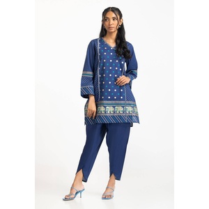 ชุดเซ็ตผ้าชีฟองพิมพ์ลายบล็อกสีน้ำเงินสำหรับผู้หญิง เสื้อแขนสามส่วนปักลาย ความยาวเหนือเข่า เหมาะสำหรับใส่ไปไนต์คลับ - Product Image 3