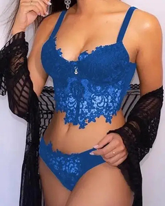 Conjunto de lencería de encaje sexy para mujer, con aros, copas completas acolchadas, malla transparente y bordado, elegante conjunto íntimo nupcial. - Product Image 5