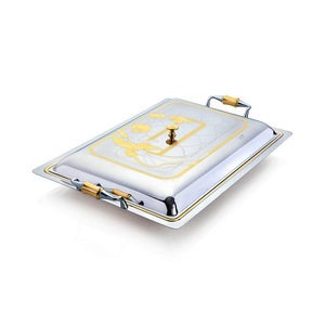 Plateau de service en acier inoxydable de qualité supérieure, argent et or, avec couvercle à motif floral gravé, plateau de service élégant pour les aliments - Product Image 6