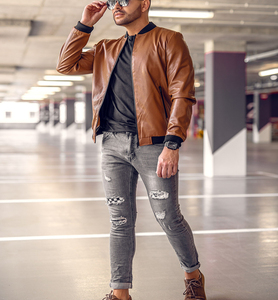 Veste de motard en cuir véritable pour homme, col montant unisexe, coupe-vent, logo personnalisé sur le devant, vente en gros - Product Image 3