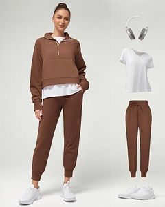 เสื้อสเวตเตอร์สวมหัวแบบมีซิปครึ่งนิ้วของผู้หญิงสำหรับฤดูหนาวปักรูที่นิ้วโป้งมีกระเป๋าจิงโจ้2กระเป๋าครอปผ้าถักระบายอากาศด้านหน้า - Product Image 5