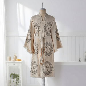 Peignoir unisexe en coton de luxe à imprimé bloc, léger, en lin tissé respirant, pour le printemps, l'été et toute l'année, idéal pour la détente et comme vêtement de nuit. - Product Image 5