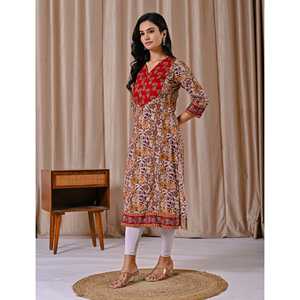 Kurti Recto de Algodón Estampado Jaal Rojo Beige, Estilo Casual con Cintura Natural y Característica Transpirable - Product Image 5