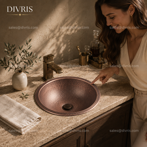 DIVRIS Lavabo vasque en cuivre fait main, simple bac, finition brossée mate, moderne, pour salle de bain, monotrou, épaisseur 1,0-1,2 mm, couleur personnalisable, facile à installer - Product Image 5