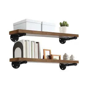 Industrial Pipe Wood Wall Shelf - 24" Espresso Real Wooden Shelving - Modern Interior Decor Floating Shelves w/ Iron Pipe