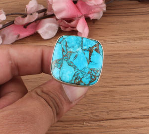 Anillo de bodas clásico de Plata de Ley 925 al por mayor, piedra preciosa cuadrada turquesa de cobre Natural, joyería llamativa hecha a mano - Product Image 1
