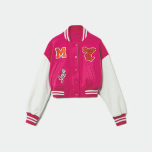 Women's Quilted Winter Oversized Varsity Crop Jacket Solid <b>Pink</b> Custom Chenille Embroidery Genuine Sheep Skin Pocket Authentic - Product Image 5