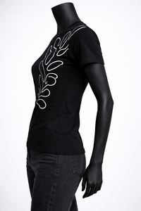 Camiseta gráfica negra para mujer, estampado de arte lineal minimalista, corte ajustado, algodón, informal, manga corta, camiseta de moda - Product Image 6