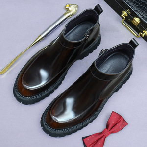 Botas Chelsea de cuero genuino para hombre, con cremallera, suela gruesa de piel de vaca, botas Martin de caña baja, botas de cuero brillantes hechas a mano - Product Image 4