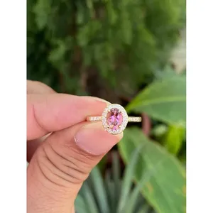Bague en or 14 carats avec tourmaline rose et diamants, pierres précieuses naturelles, bijoux fins, bague de luxe faite à la main, fournisseur en gros - Product Image 1