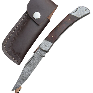 Cuchillo de bolsillo plegable de acero Damasco de alto carbono personalizado hecho a mano Funda de cuero madera OEM cuchillo de uso general para exteriores gran oferta Clip trasero - Product Image 1