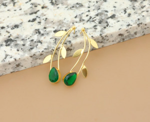 Elegant Gold-Plated Drop Earrings with Green Teardrop Gemstones and Leaf Design, Modern Floral-<b>Inspired</b> <b>Jewelry</b> for Women - Product Image 4