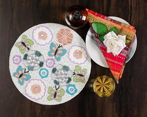 Napperon perlé classique or ivoire Aqua violet et décoration d'assiette à dîner avec conception de papillon de fleur - Product Image 2